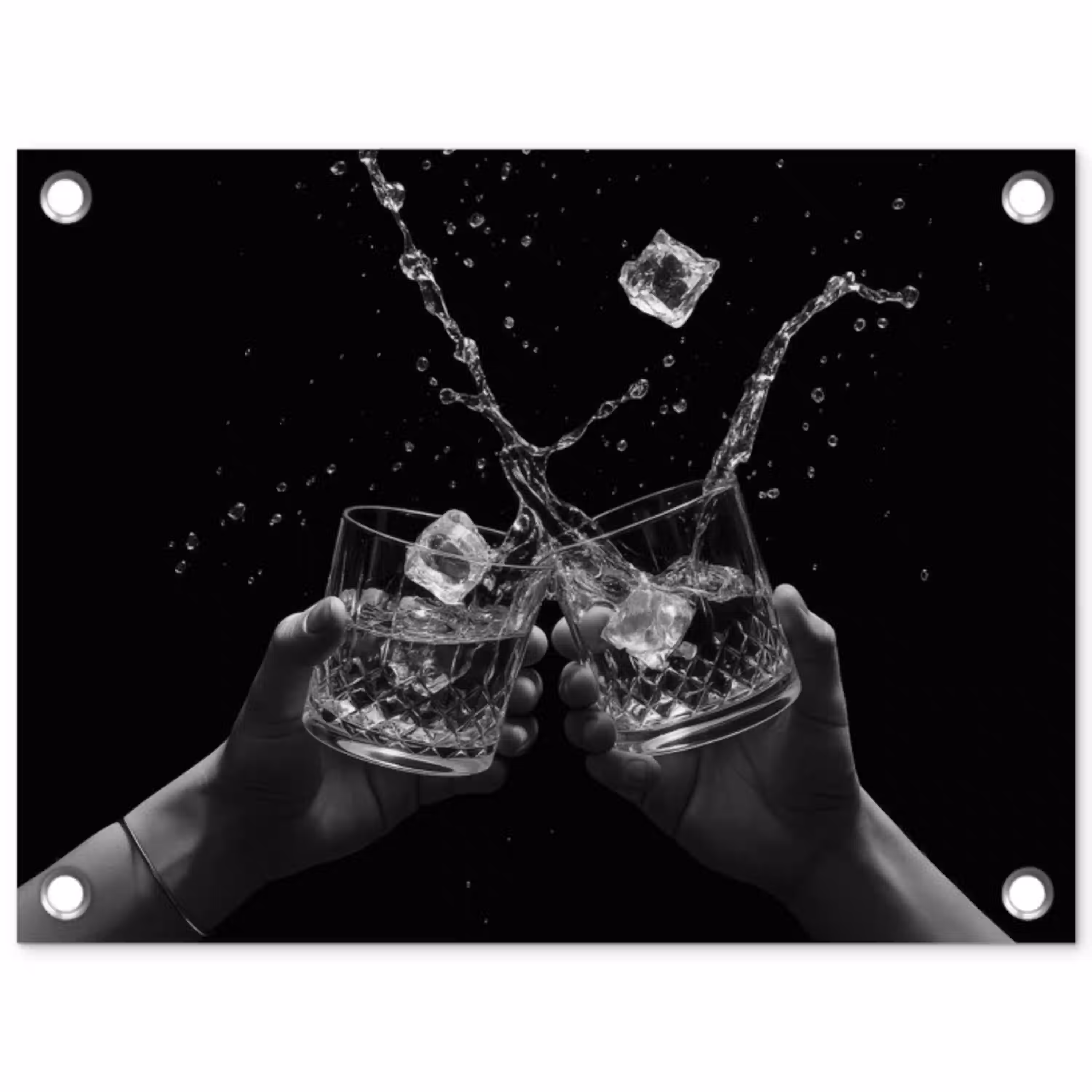 Whiskyglazen - Ijs - Spetters - Zwart tuinposter los doek klein -3d