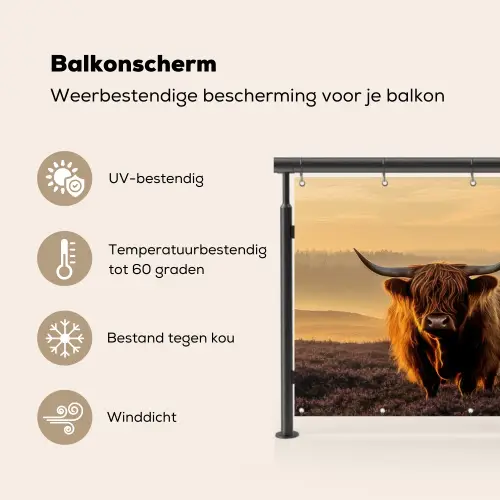 Schotse hooglanders - Heide - Landschap - Dieren Balkonbeschermer Duitsland klein -specs_NL