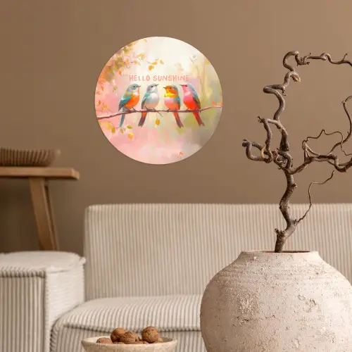 Vogels - Tak - Quote - Roze Wandcirkel behangsticker klein -sfeer1