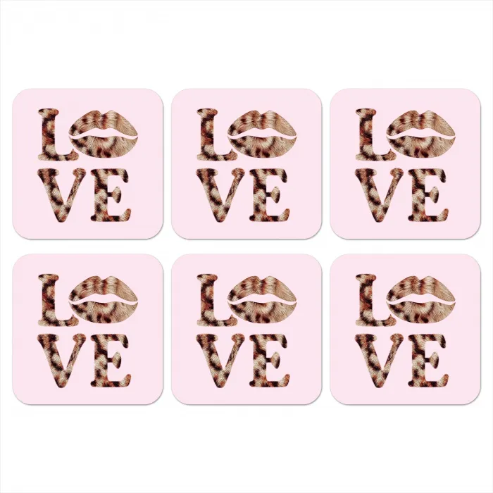 Tekst - Love - Pantervacht - Lichtroze onderzetter kurk middel -3d