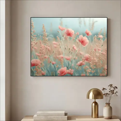 Bloemen - Natuur - Klaprozen - Bloemenveld Textielframe zwart klein -sfeer2