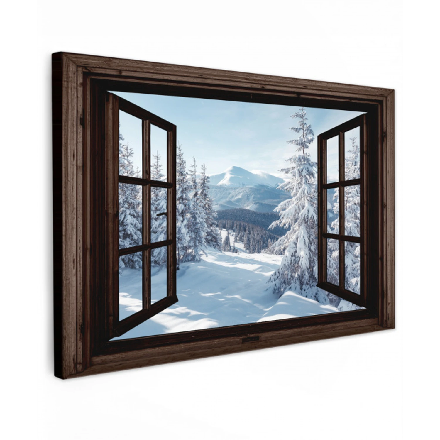 Winter - Landschap - Natuur - Berg - Bomen - Doorkijk - Uitzicht Tuinposter op houten frame 2 cm dik klein -3d
