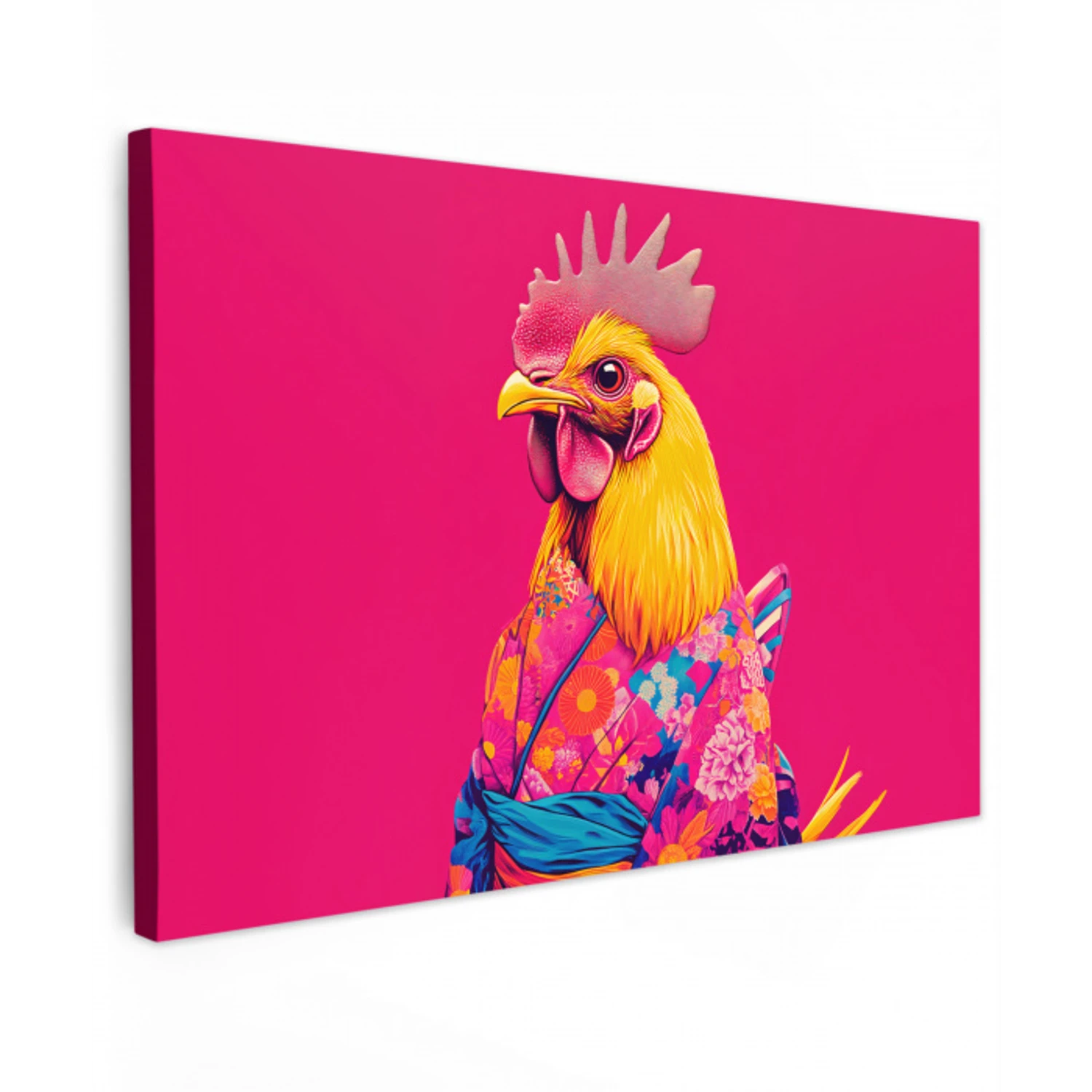 Haan - Kleurrijk - Kimono - Roze Tuinposter op houten frame 2 cm dik klein -3d