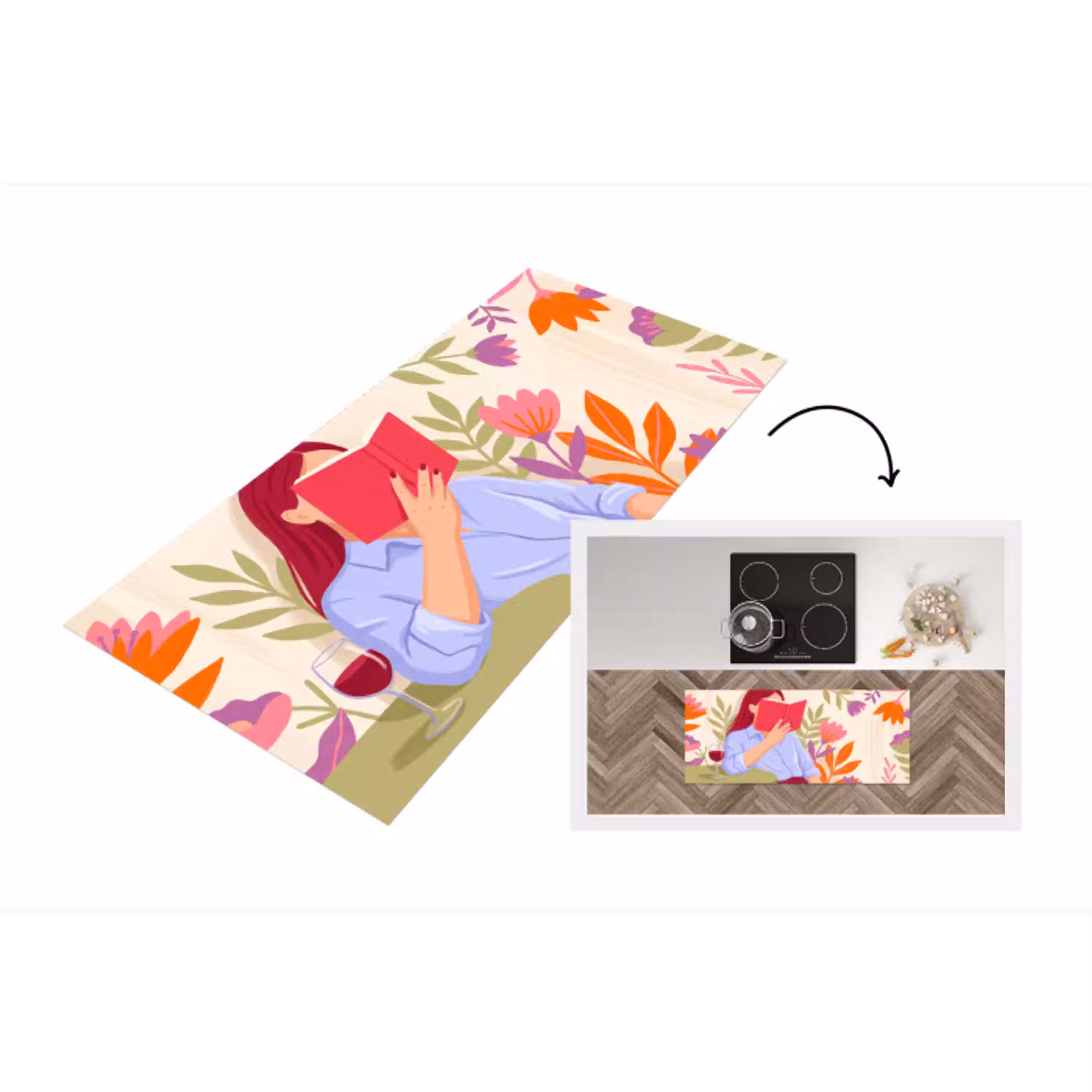 Vrouw - Lezen - Thuis - Modern - Bloemen Keukenloper - keukenmat middel -3d