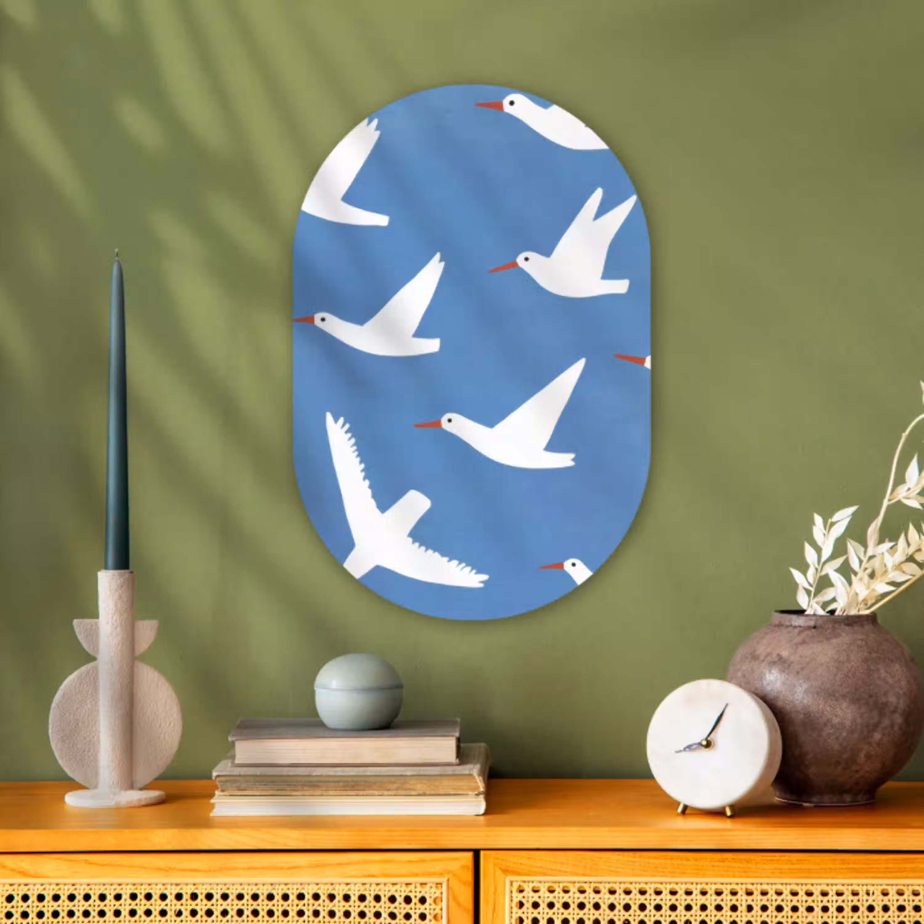 Vogels - Wit - Patroon Wandcirkel Ovaal Forex klein -sfeer2