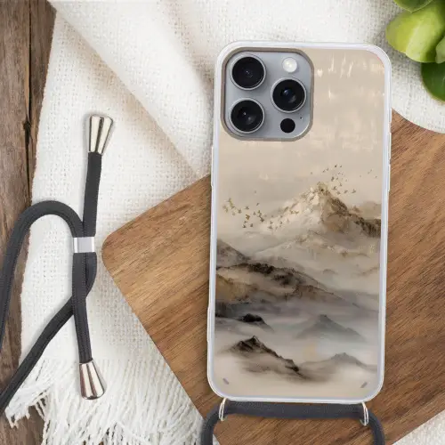 Berglandschap - Mist  - Penseelstreken Hoesje iPhone 16 Pro Max met koord klein -sfeer4