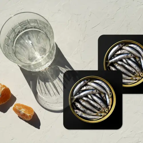 Sardines - Vissen - Rond - Zwart onderzetter kurk middel -sfeer4