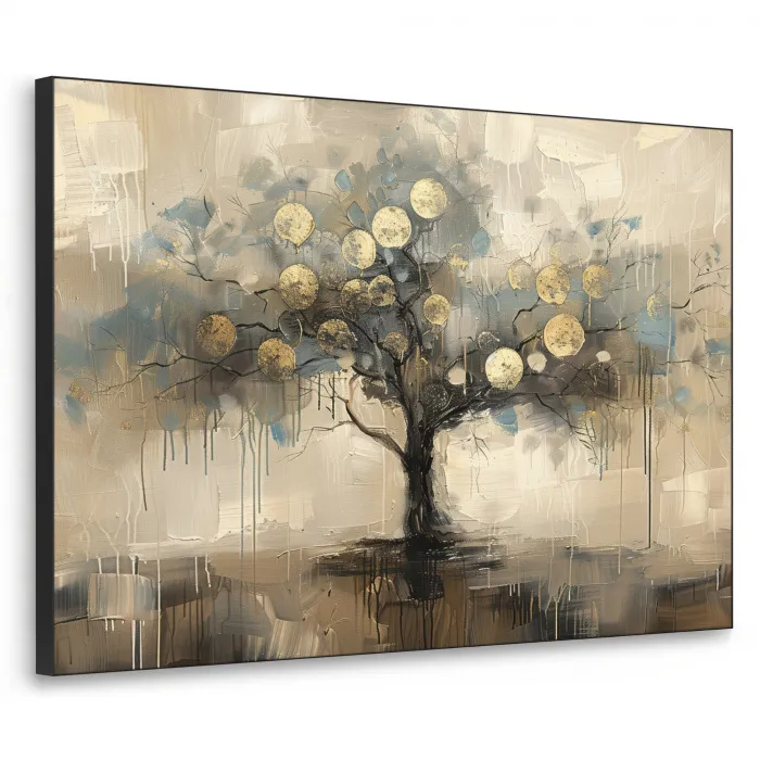 Beige - Abstract - Boom - Goud Textielframe zwart klein -3d