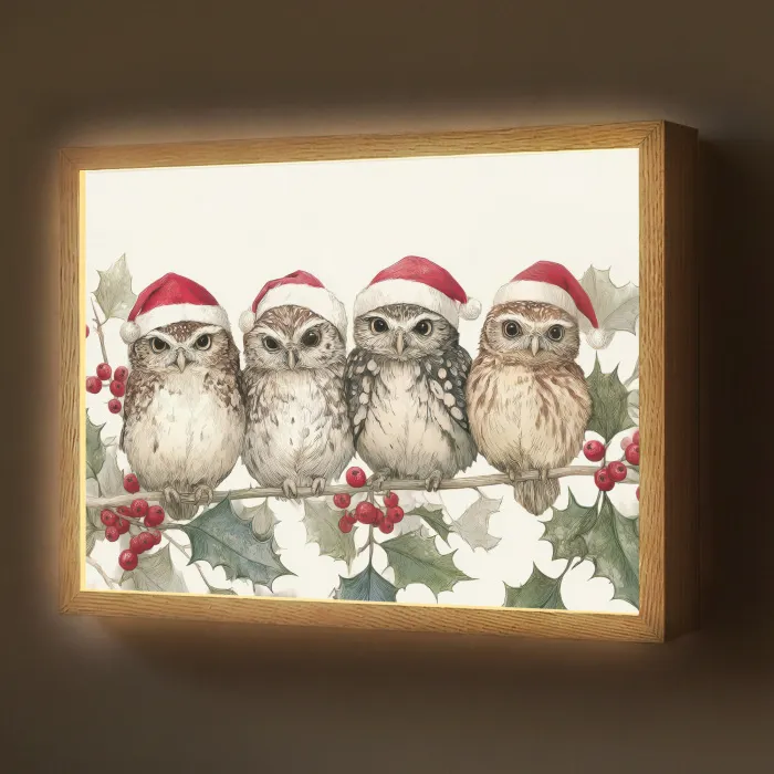 Uilen - Tak - Hulstblaadjes - Kerstmuts Light Box met batterij (Wandlamp) middel -z3d_website