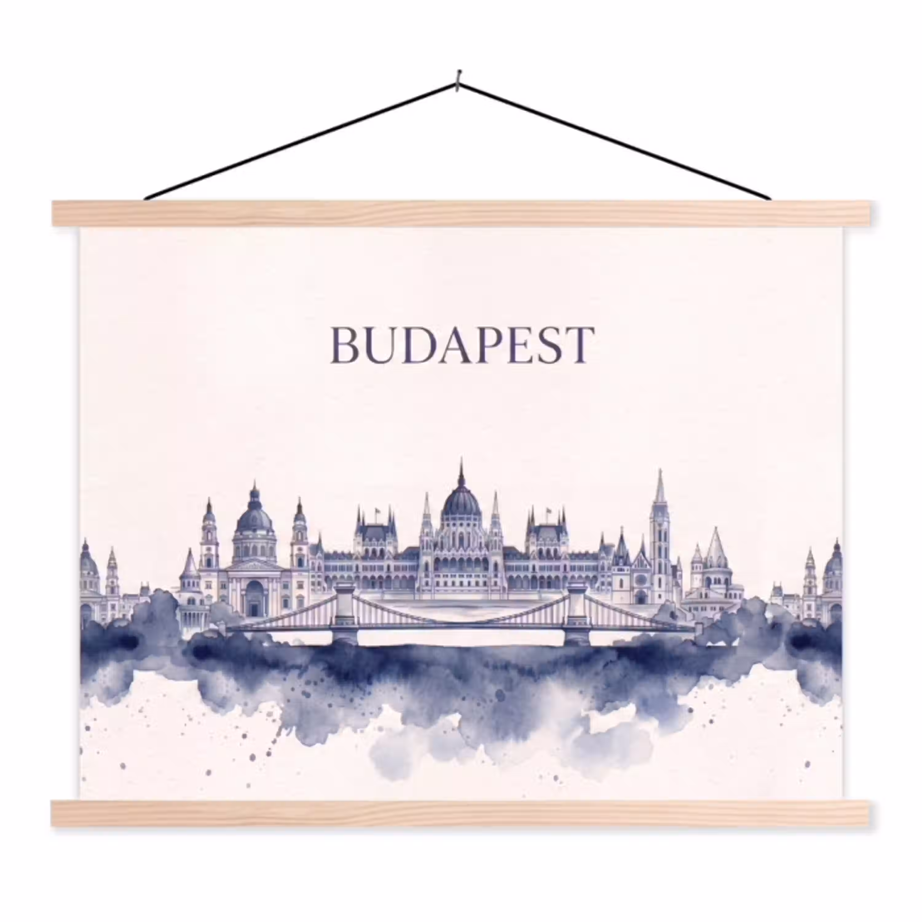 Boedapest - Skyline - Architectuur - Aquarel - Blauw textielposter latten blank klein -3d