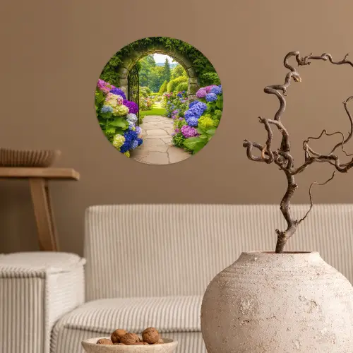 Doorkijk - Poort - Hortensia - Bloementuin Wandcirkel behangsticker klein -sfeer1