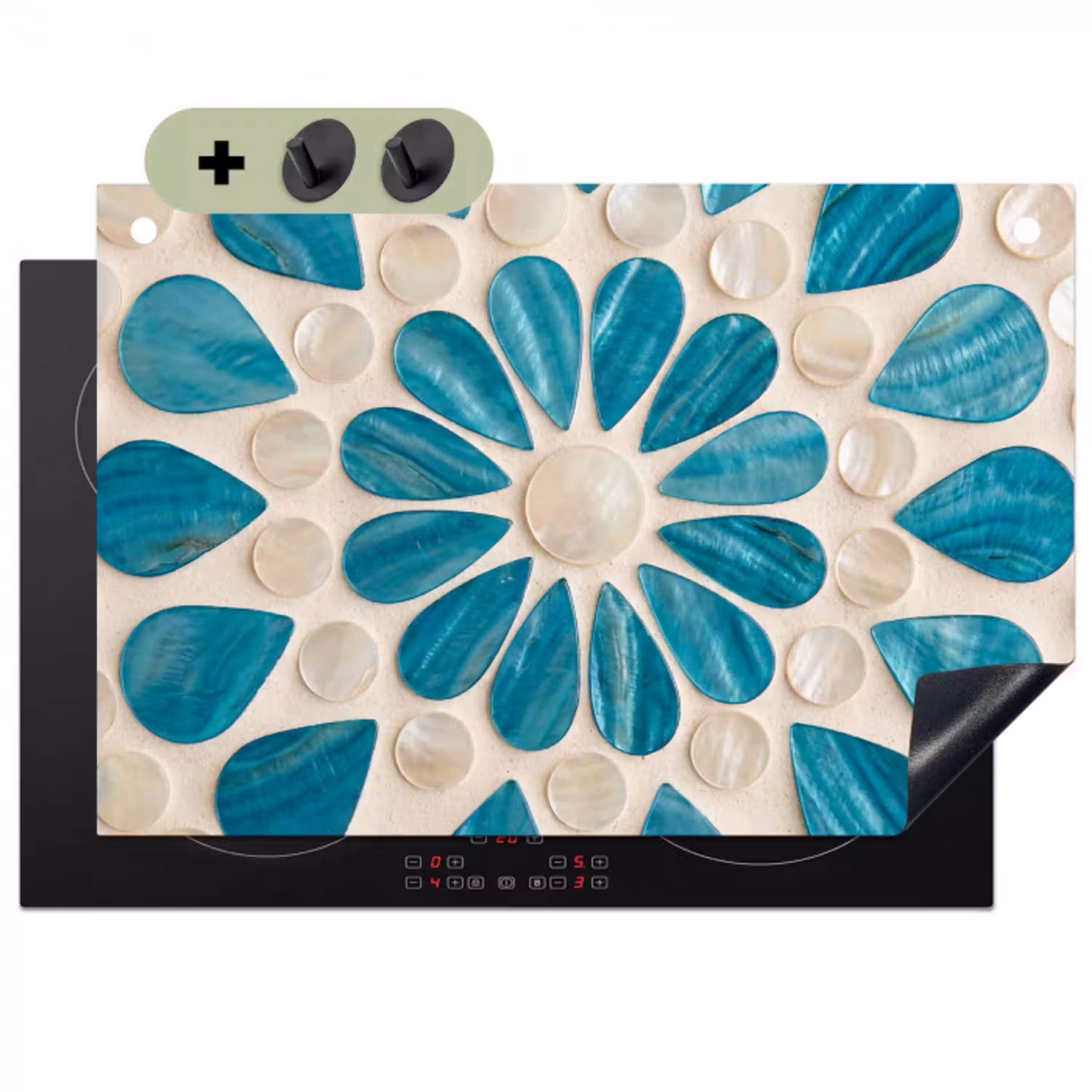Patroon - Mozaïek - Schelpen - Abstract - Turquoise Inductie beschemer met haakjes klein -3d