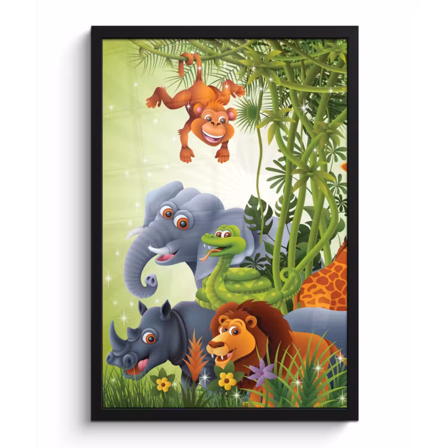 Poster met lijst - Jungle dieren - Planten - Kinderen - Olifant - Giraf - Leeuw