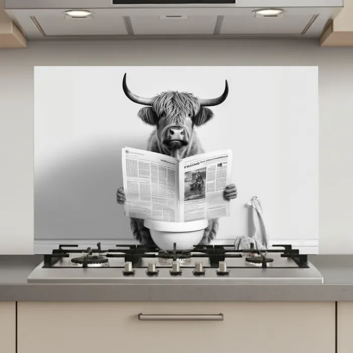 Schotse hooglander - Krant - Toilet - WC - Grijs - Wit - Koe - Horens keuken achterwand spatscherm klein -3d_website