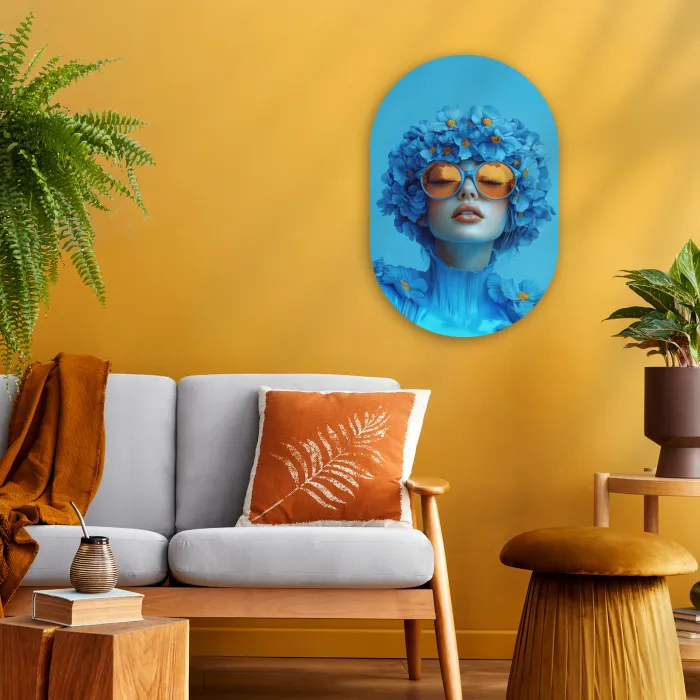 Vrouw - Bloem - Blauw - Modern - Bril - Portret Wandcirkel Ovaal Forex klein -sfeer4
