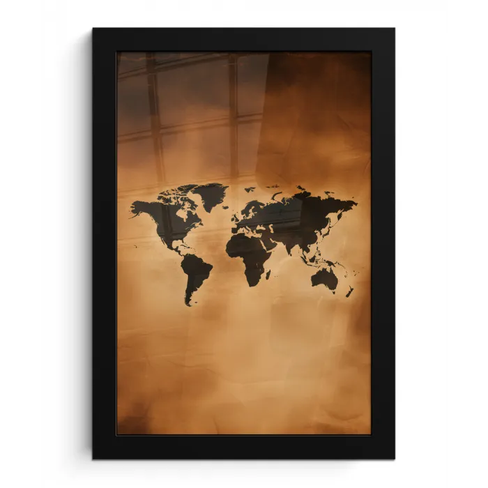 Wereldkaart - Bruin - Kaart fotolijst zwart zonder passe partout klein -3d