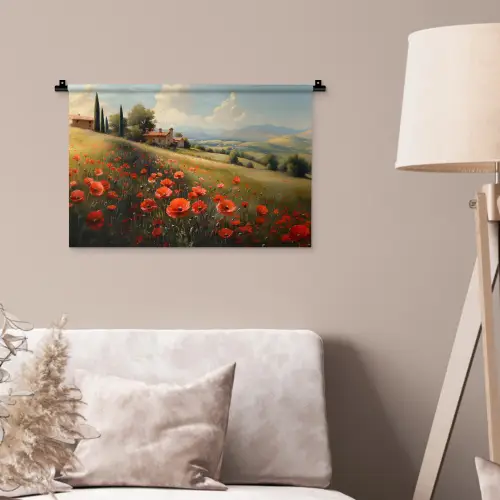 Klaprozen - Rood - Heuvels - Landschap Wandkleed katoen klein -sfeer4