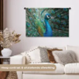 Pauw - Veren - Blauw Wandkleed katoen middel -sfeer1