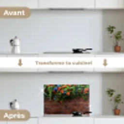 Bloemen - Muur - Groen - Oranje keuken achterwand spatscherm klein -voor_na_FR
