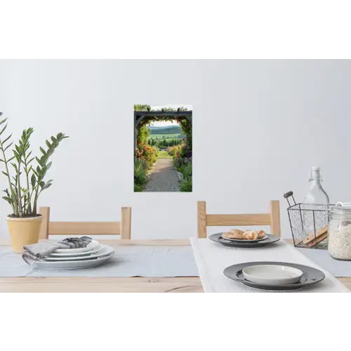 Doorkijk - Landschap - Natuur - Tuinboog - Bloemen Muursticker klein -eettafel