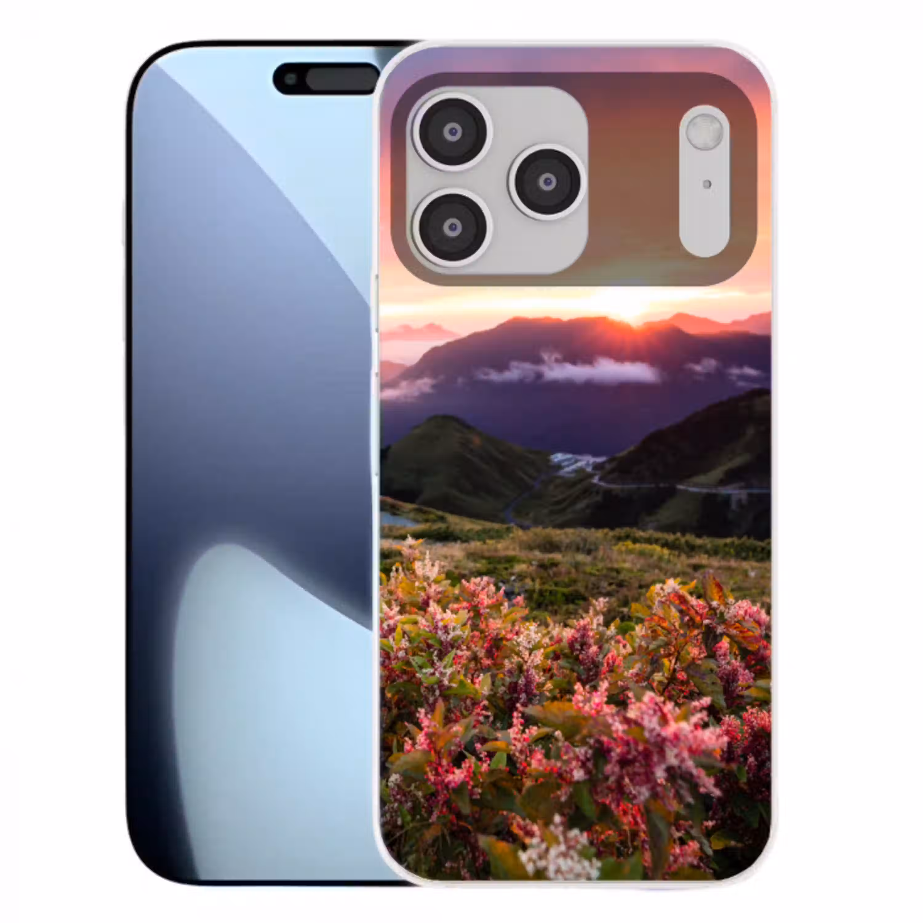 Bloemen - Bergen - Landschap - Nacht - Lucht - Roze Telefoonhoesje iPhone 17 Pro Max klein -3d