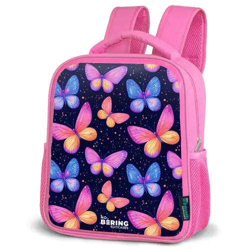 Kleurrijke vlinders in roze en blauw Kinderrugzak - Roze middel -schuin