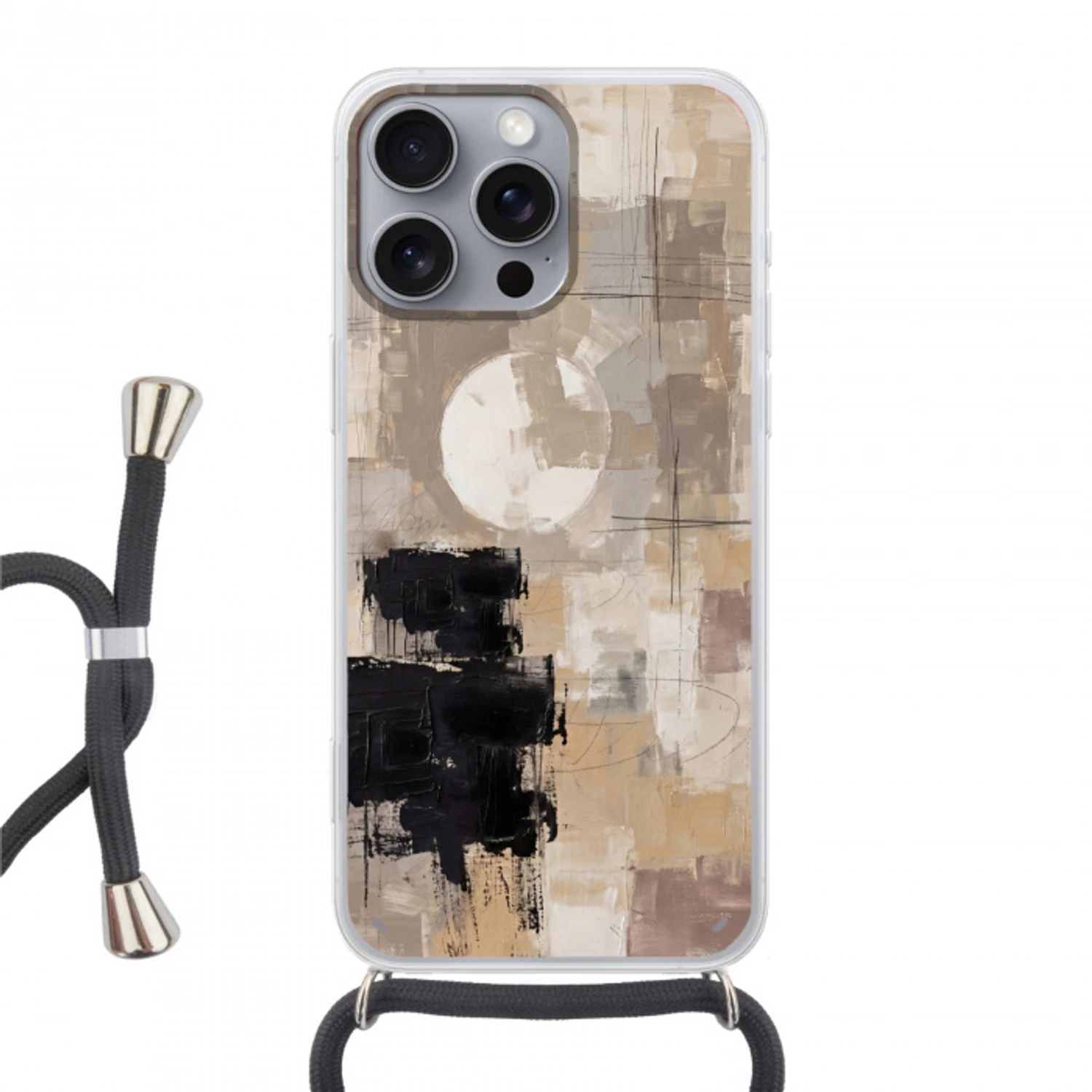 Abstract - Cirkel - Modern - Beige - Zwart - Minimalistisch Hoesje iPhone 16 Pro Max met koord klein -3d