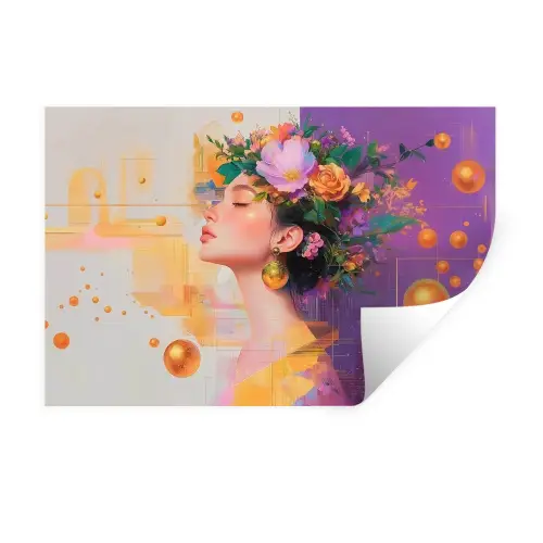 Abstract - Vrouw - Bloemenkroon - Goud Muursticker klein -3d