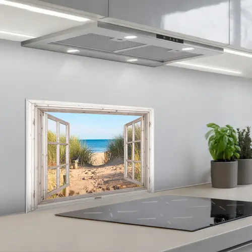 Doorkijk - Strand - Zee - Duinen - Zand - Water - Helmgras keuken achterwand spatscherm klein -3d_schuin