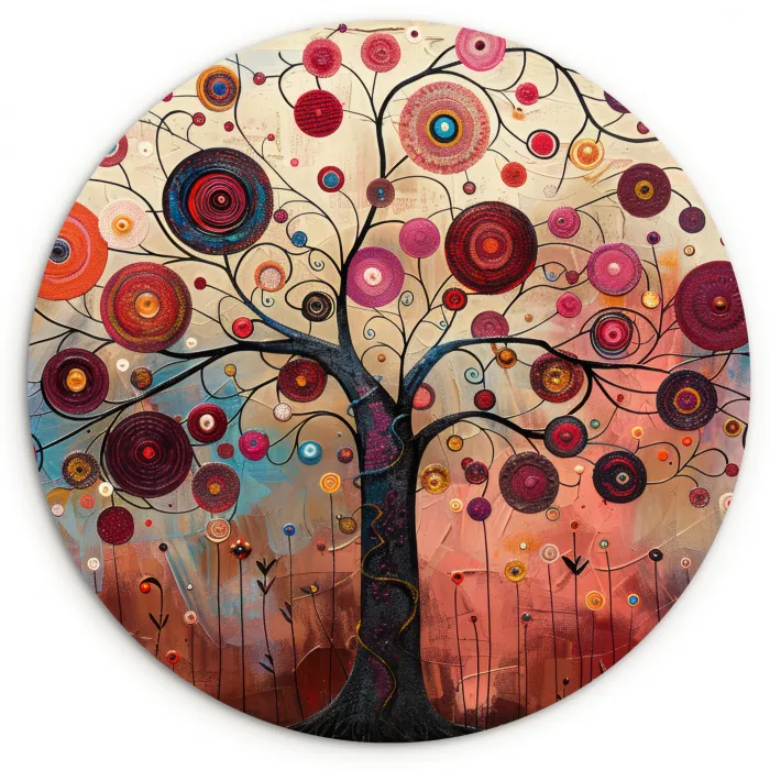 Levensboom - Bloemen - Roze - Hippie - Kunst Wandcirkel kunststof plaat 5mm dik klein -3d