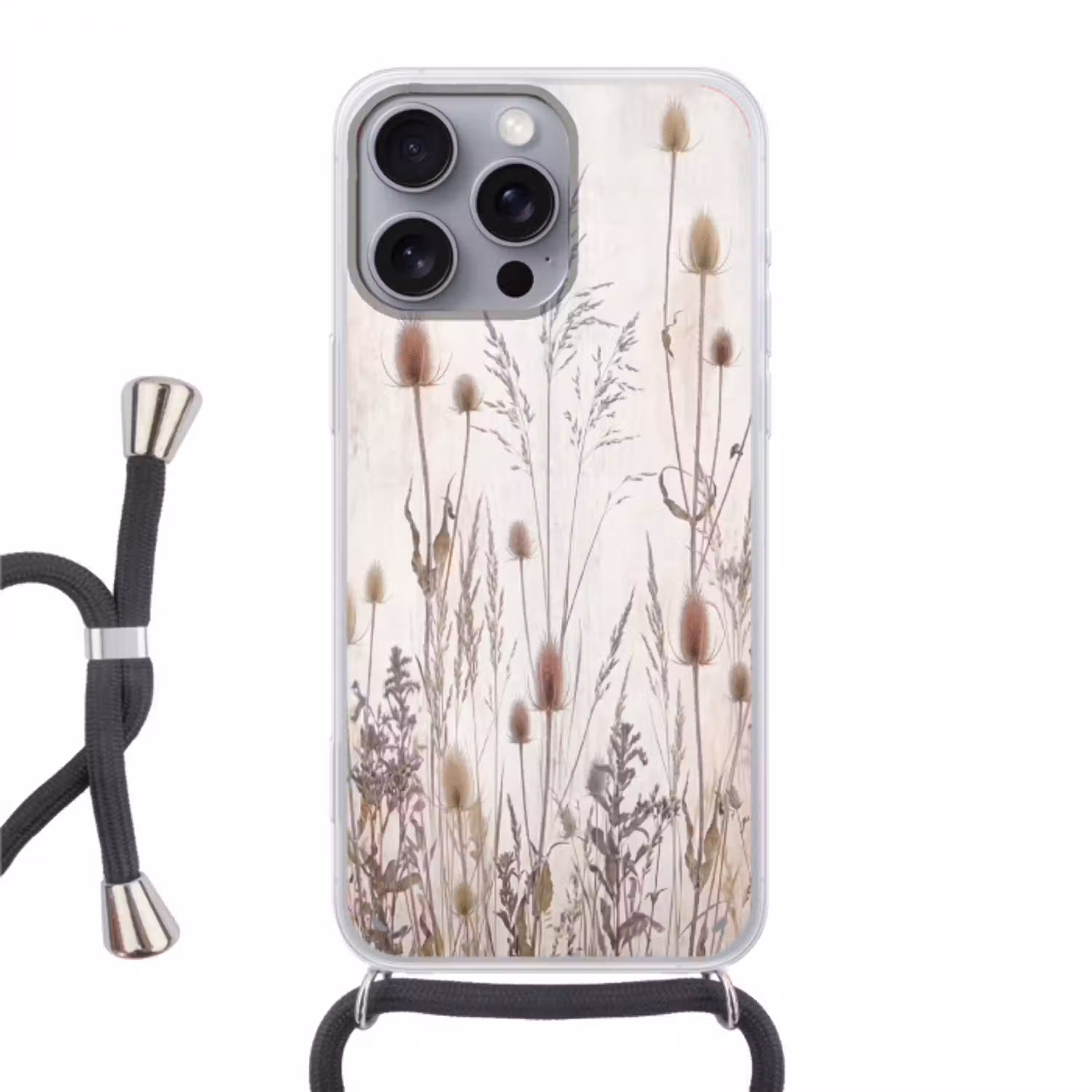 Weidebloemen - Design - Sepia Hoesje iPhone 16 Pro Max met koord klein -3d
