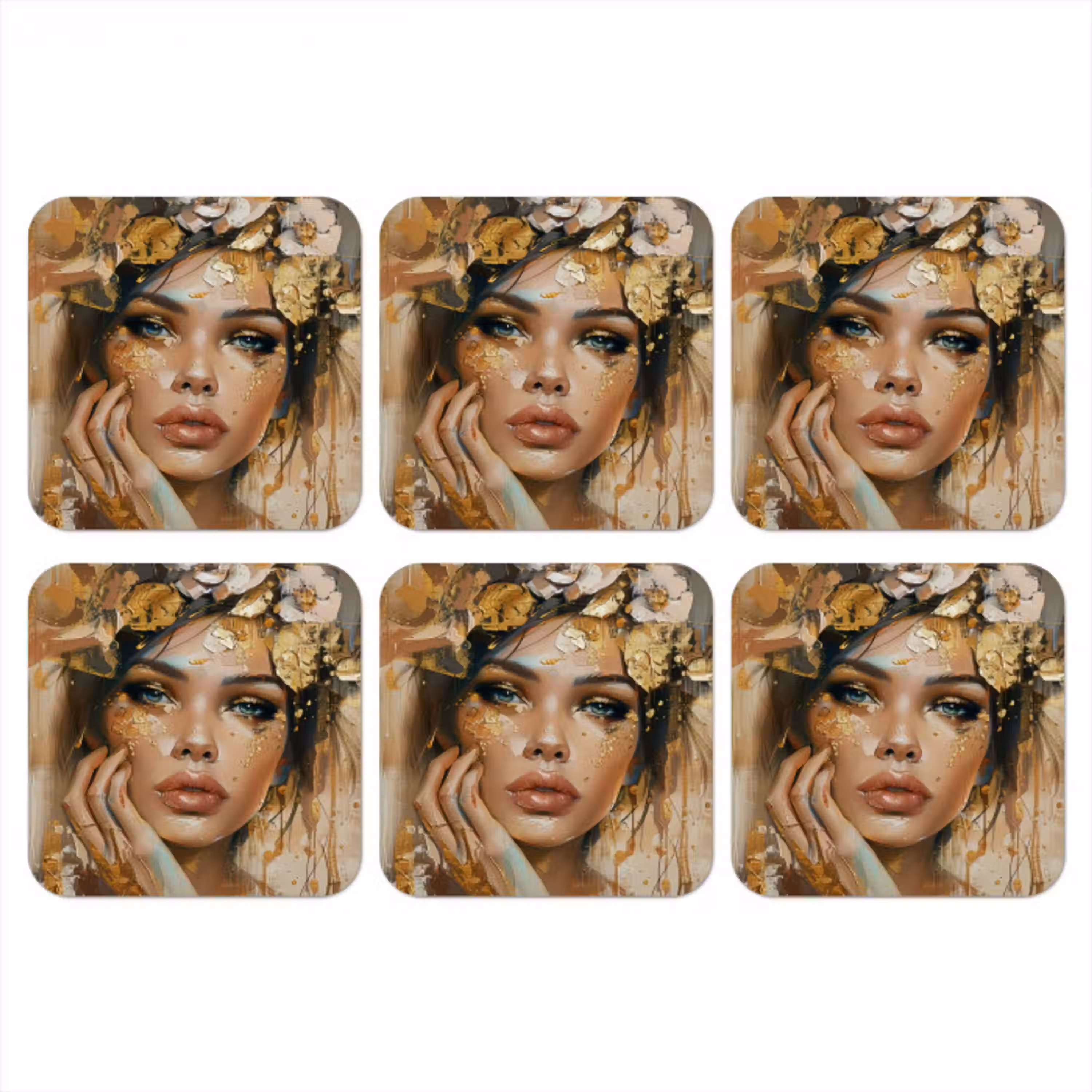 Vrouw - Bloemen  - Goud - Portret onderzetter kurk middel -3d