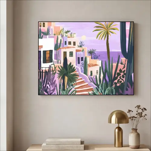 Huizen - Minimalistisch - Palmbomen - Kust Textielframe zwart klein -sfeer2