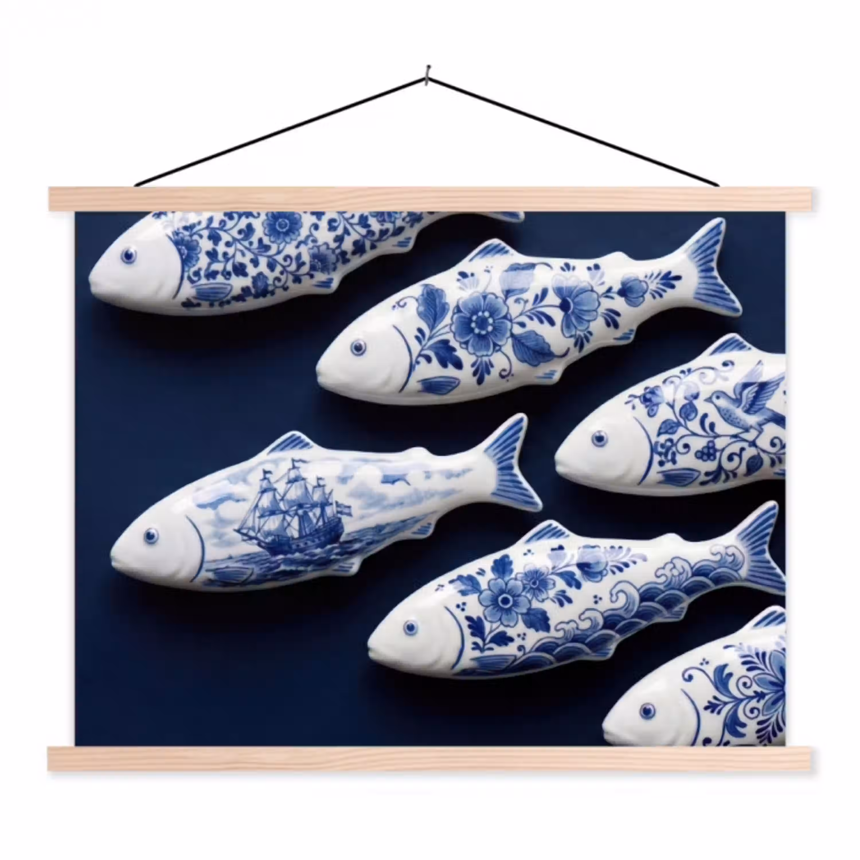 Vissen - Delfts - Blauw - Keramiek textielposter latten blank klein -3d