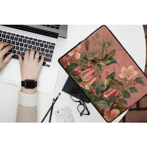 Kolibries - Bloemen - Groen - Roze laptophoes neopreen klein -bureau