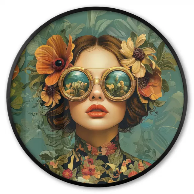 Ronde fotolijst - Vrouw - Bloemen - Vlinders - Natuur - Vintage