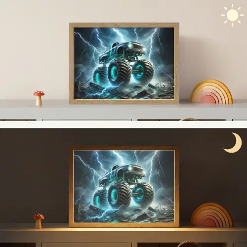 Monstertruck - Bliksem - Blauw - Jongens - Auto Light Box met batterij (Wandlamp kind) middel -sfeer3_kind