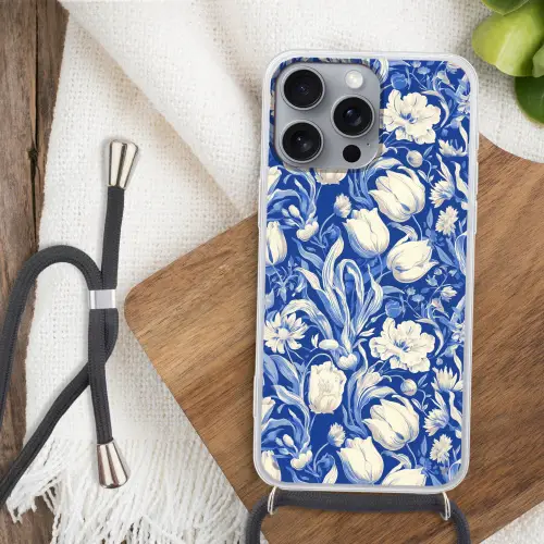 Bloemen - Delfts Blauw - Patroon - Tulp Hoesje iPhone 16 Pro Max met koord klein -sfeer4