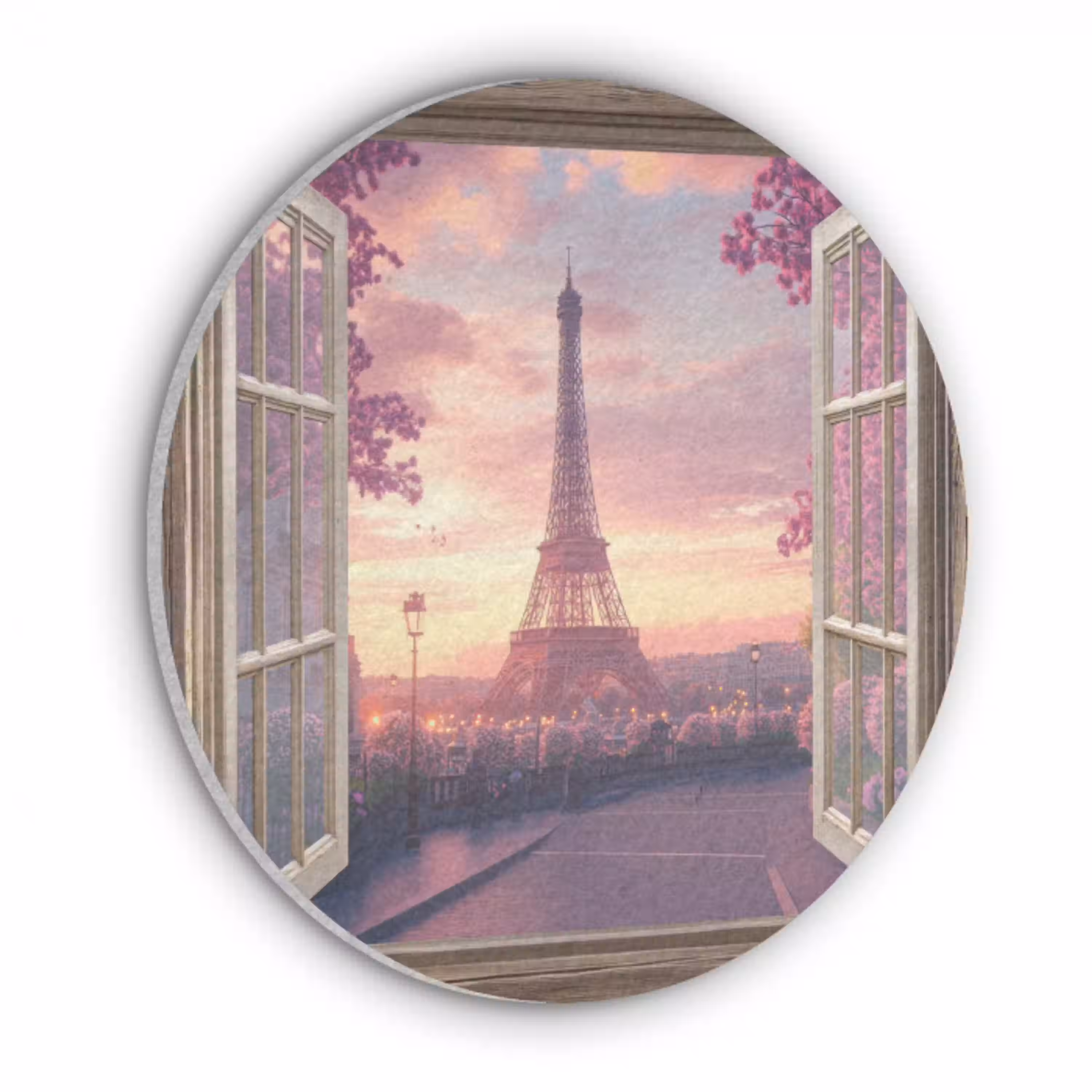 Doorkijk - Parijs - Eiffeltoren - Roze - Kersenbloesem Akoestische PET Vilt - Rond klein -3d