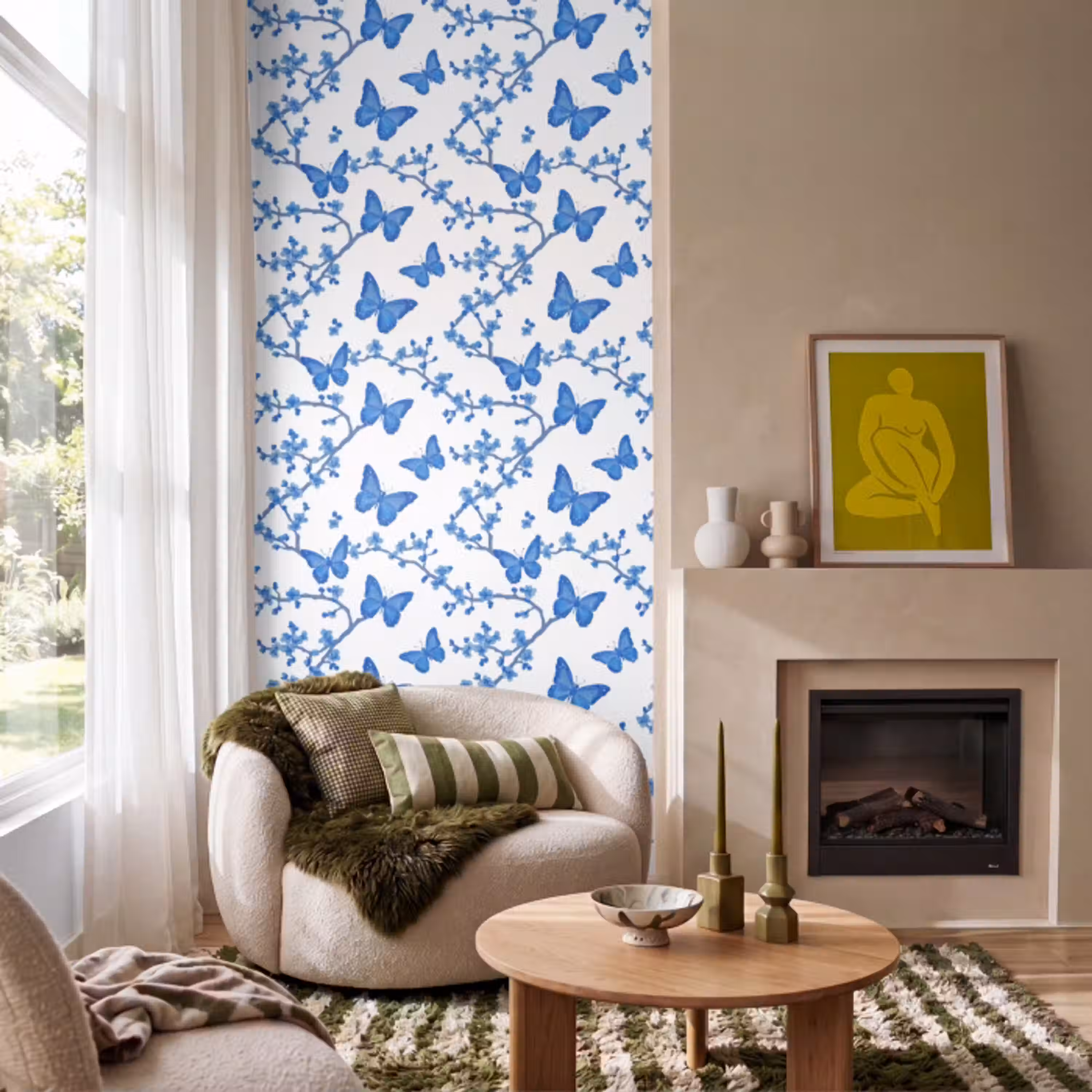 Vlinder - Bloemen - Blauw Behang Vlies klein 1076 -sfeer2