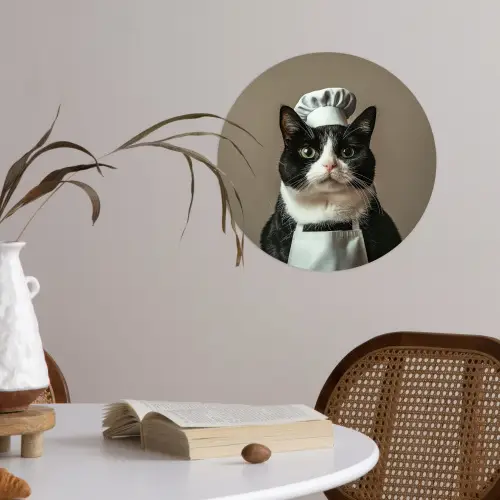 Kat - Kokskleding - Zwart - Wit Wandcirkel behangsticker klein -sfeer3