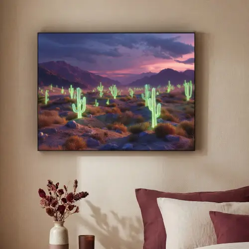 Neon cactussen - Woestijn - Zonsondergang Textielframe zwart klein -sfeer1