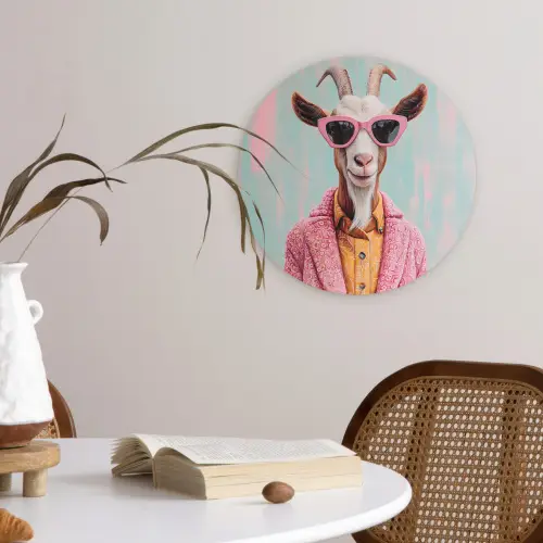 Zonnebril - Roze - Geit - Horen Wandcirkel kunststof plaat 5mm dik klein -sfeer4