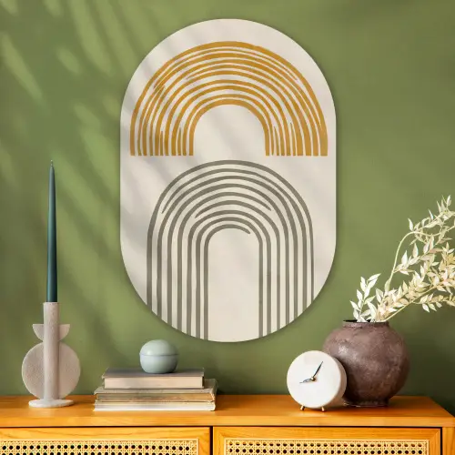 Bogen - Lijnen - Oranje - Minimalistisch Wandcirkel Ovaal Glas middel -sfeer2
