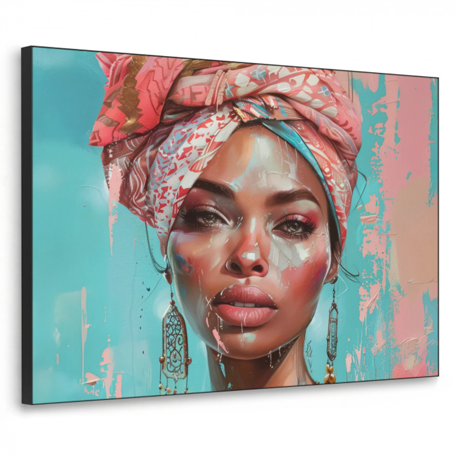 Vrouw - Portret - Blauw - Roze - Modern Textielframe zwart klein -3d