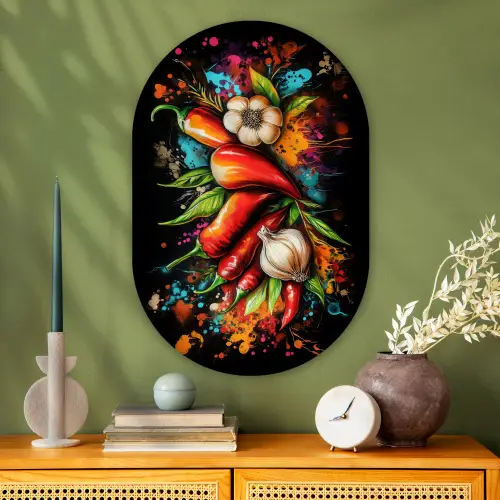 Groente - Peper - Knoflook - Graffiti - Verf - Kleurrijk Wandcirkel Ovaal Glas middel -sfeer2