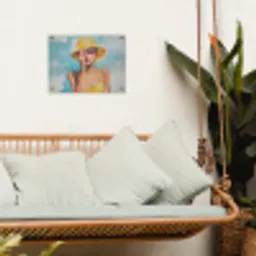 Schilderij - Vrouw - Hoed - Geel tuinposter los doek klein -sfeer7