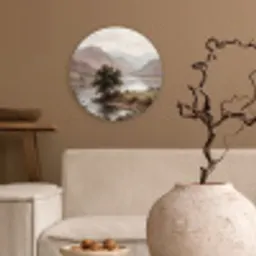 Berglandschap - Meer - Bergen - Vallei - Klassiek Wandcirkel kunststof plaat 5mm dik klein -sfeer1