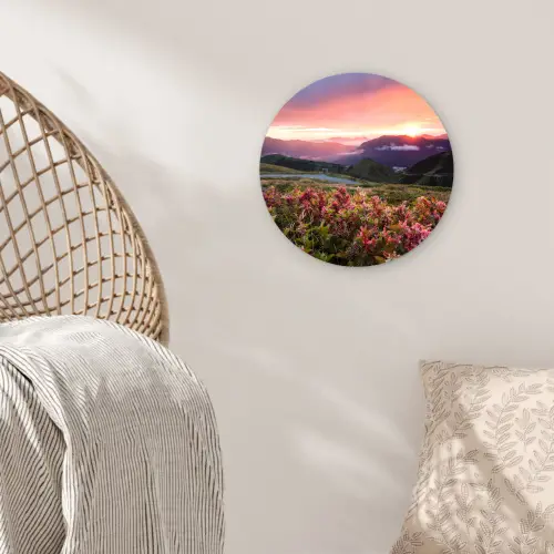 Bloemen - Bergen - Landschap - Nacht - Lucht - Roze Wandcirkel kunststof plaat 5mm dik klein -sfeer5