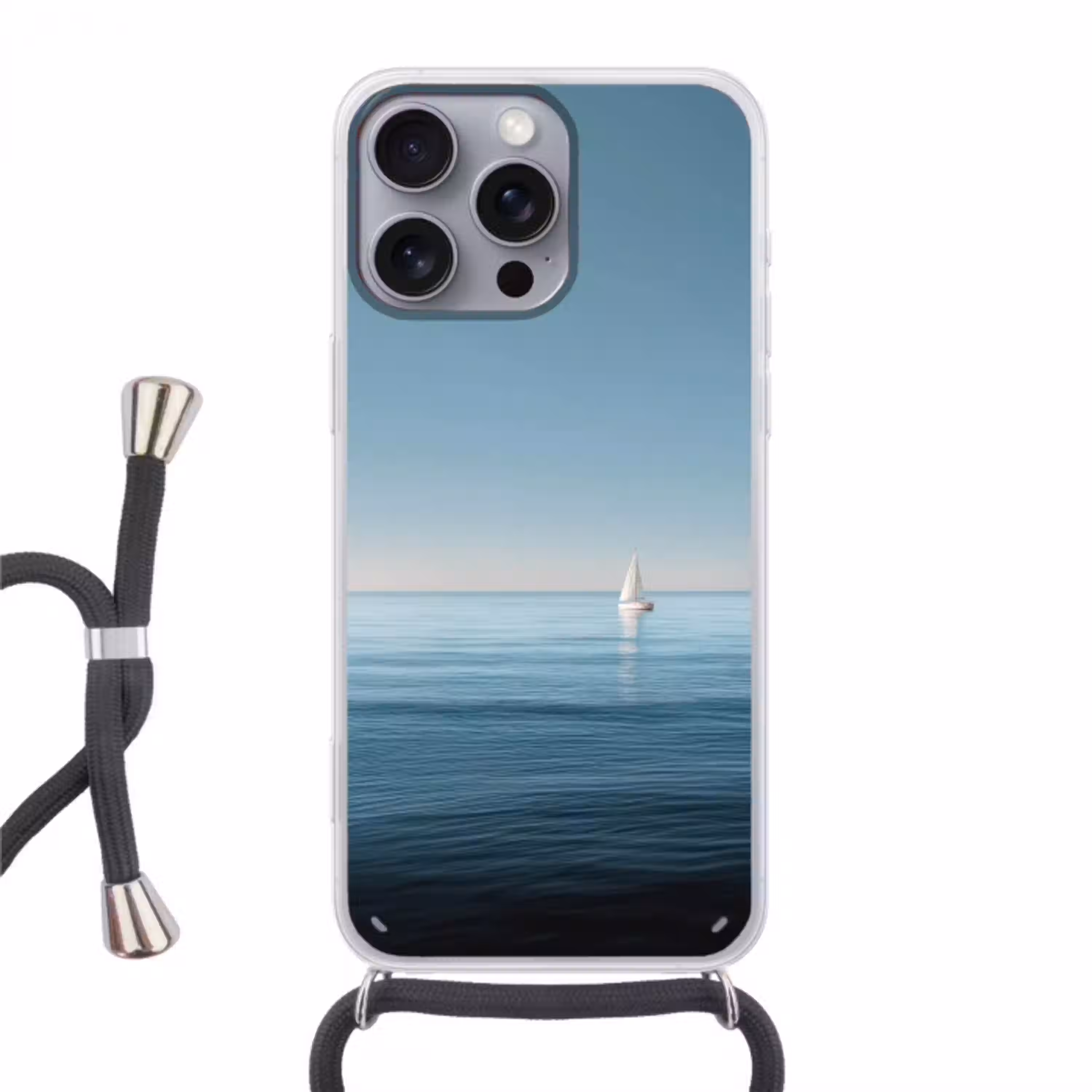 Zeilbootje - Kalme zee - Helderblauwe hemel Hoesje iPhone 16 Pro Max met koord klein -3d